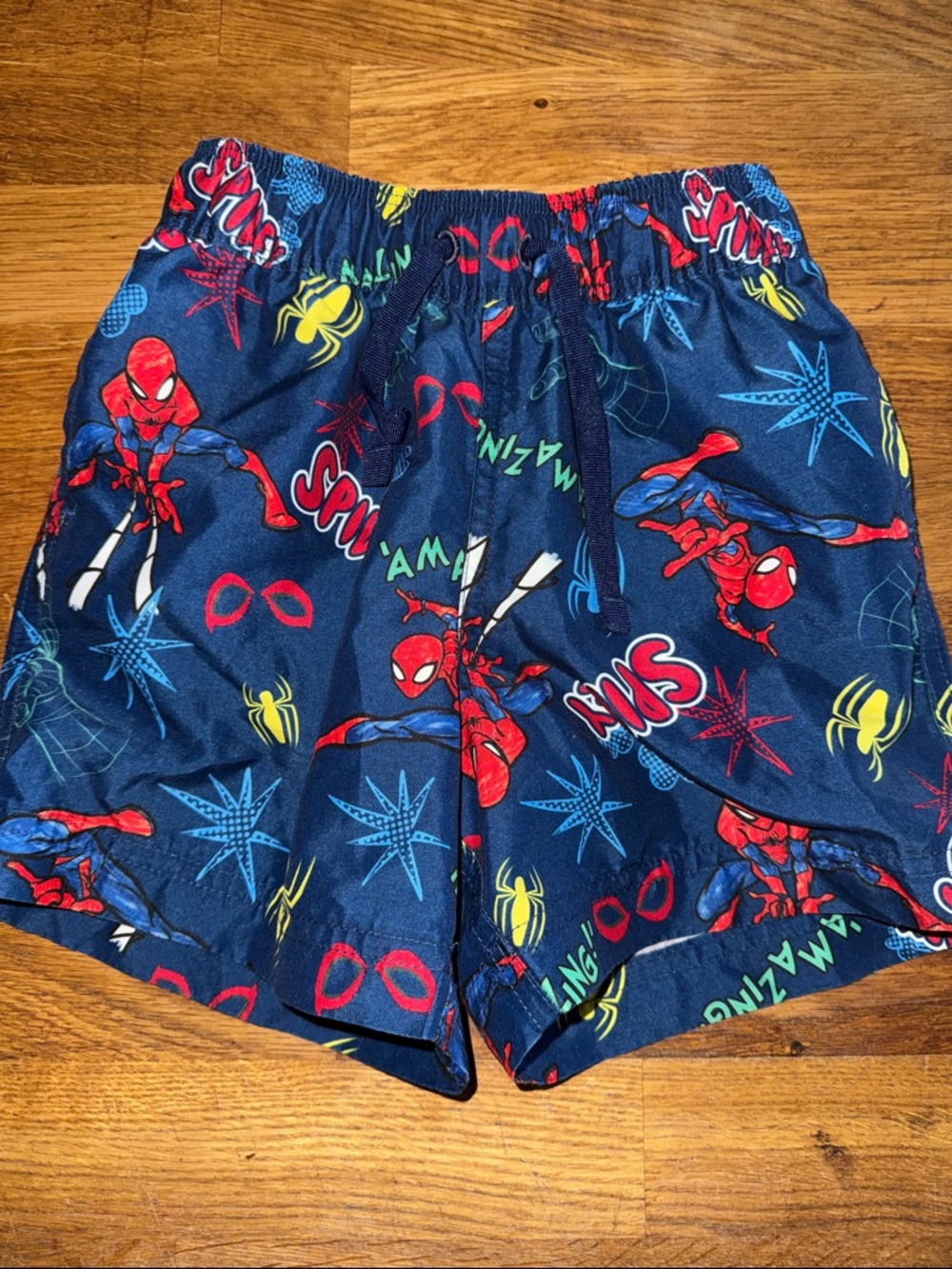 Marvel Navy Swim Shorts with Red & Yellow Spider Accents